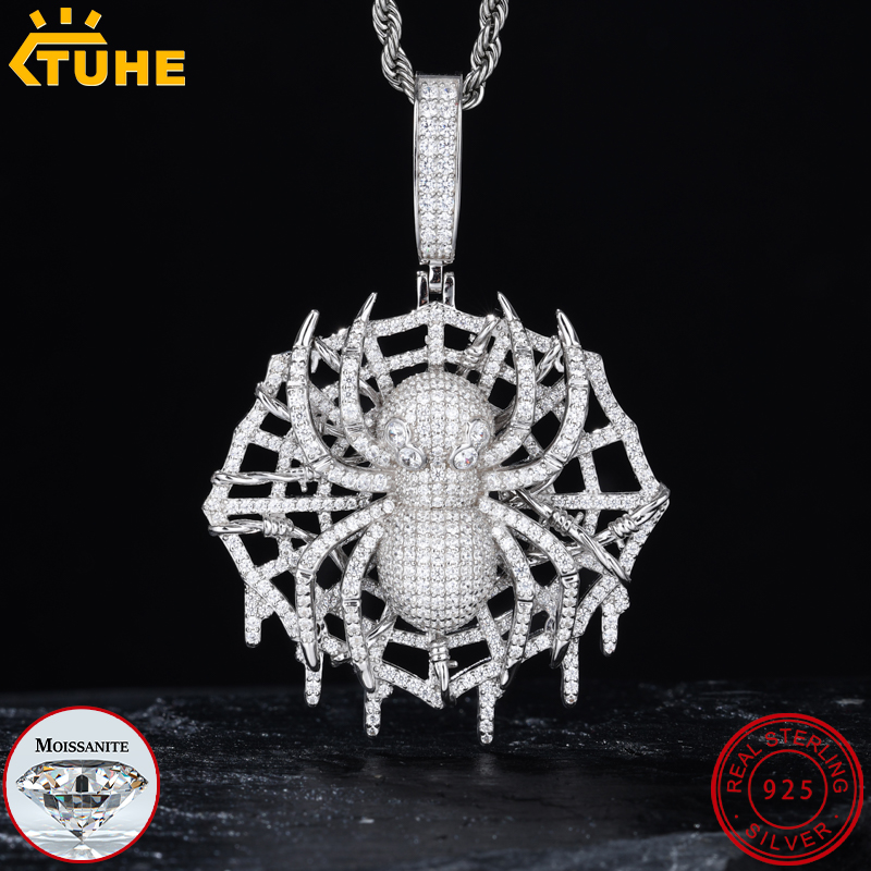 925 Sterling Silver Chain Necklace Men - 高品質VVS1モアッサナイトスパイダーペンダント、925スターリングシルバーペンダント、メンズヒップホップジュエリー