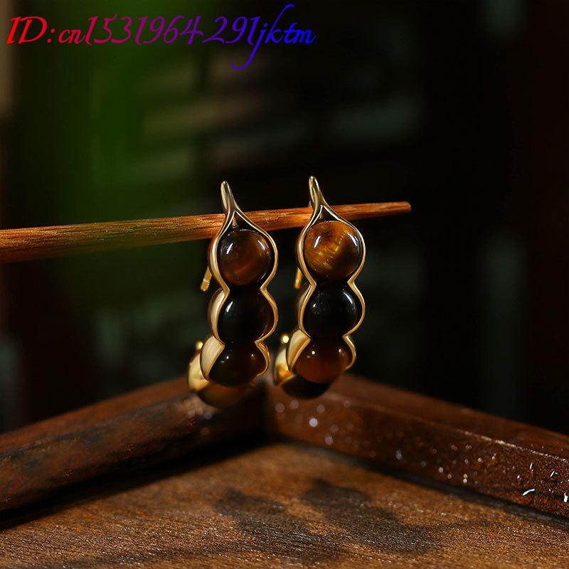 タイガーアイポッドイヤリング宝石本物のジュエリーデザイナー耳 - Earrings のレビューと価格